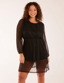 Metallic Plisse Belted Dress