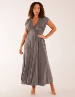 Metallic Pleated Double V Neck Dress