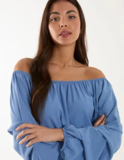 Bardot Elasticated Ruched Sleeve Top -Deals Sleek Dresses Store BV3471 DENIM 18708