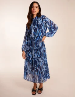 High Neck Puff Ball Pleated Water Colour Dress