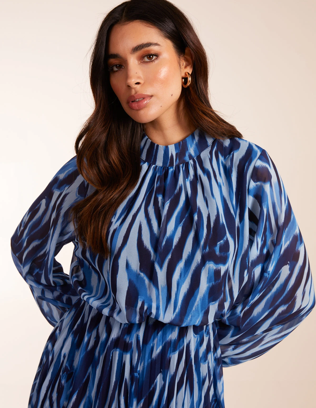 High Neck Puff Ball Pleated Water Colour Dress 2 High Neck Puff Ball Pleated Water Colour Dress - Image 2