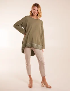 Sweatshirt With Sateen Tunic Insert -Deals Sleek Dresses Store BV3494 KHAKI 0180