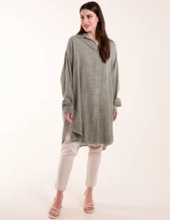 Cold Wash Cross Hatch Long Line Shirt -Deals Sleek Dresses Store BV3496 KHAKI 0037