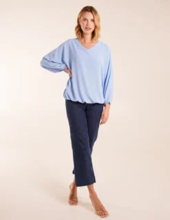 V Neck Puff Sleeve Blouse -Deals Sleek Dresses Store BV3502 LIGHTBLUE 0374