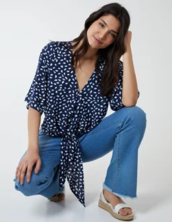 Abstract Spot Tie Front Batwing Top