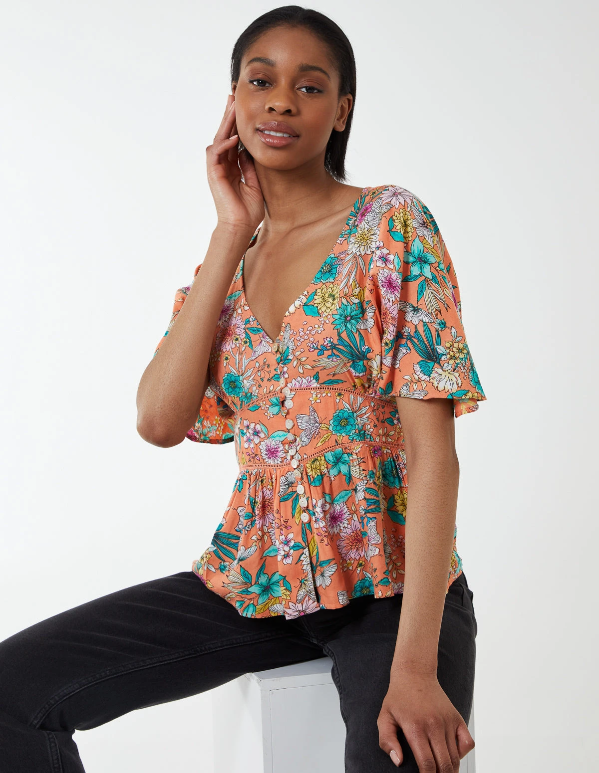 Button Front Batwing Peplum Top 1 Button Front Batwing Peplum Top