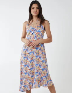 Twist Front Floral Print Midi Dress