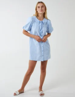Shirt Dress With Plunge Ruffle -Deals Sleek Dresses Store NL1955 LIGHTBLUE 260