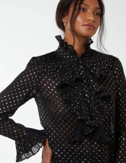 Gold Dots Pleated Frill Shirt -Deals Sleek Dresses Store NL222429 BLACK 117