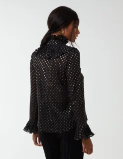 Gold Dots Pleated Frill Shirt -Deals Sleek Dresses Store NL222429 BLACK 118