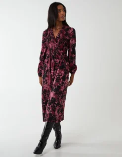 Shirred Bust Wrap Midi Dress -Deals Sleek Dresses Store NL222867 PINK 24