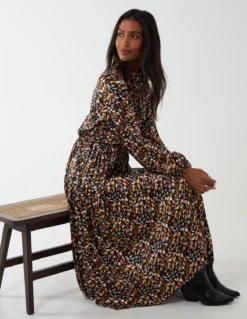 Abstract Animal Print High Neck Blouson Dress