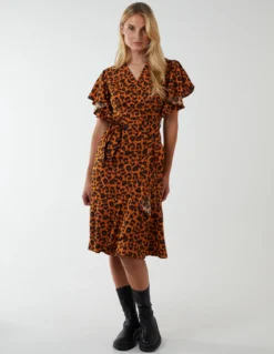 Leopard Print Wrap Ruffle Midi Dress -Deals Sleek Dresses Store NL222914 RUST 177