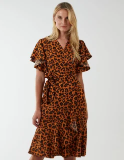 Leopard Print Wrap Ruffle Midi Dress