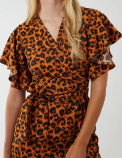 Leopard Print Wrap Ruffle Midi Dress -Deals Sleek Dresses Store NL222914 RUST 179