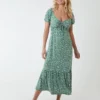 Shirred Milkmaid Sweetheart Midi Dress