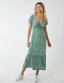 Shirred Milkmaid Sweetheart Midi Dress