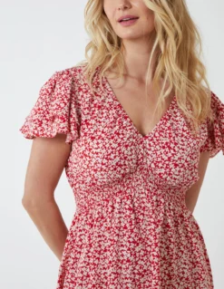 Double Ruffle Empire Shirred Mini Dress -Deals Sleek Dresses Store NL233921 RED 3454