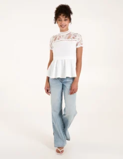 Lace Trimmed Peplum Top -Deals Sleek Dresses Store NL2428 IVORY 1