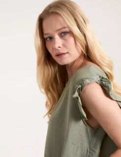 Button Back Frill Shoulder Top -Deals Sleek Dresses Store NV1267B3056 134377