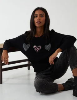 Diamante Heart Batwing Top -Deals Sleek Dresses Store QED2472 BLACK 60