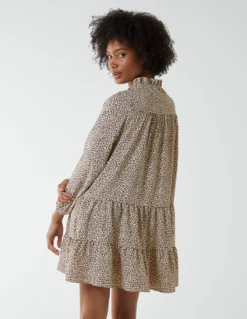 Shirred Cheetah Smock Dress -Deals Sleek Dresses Store QED2656 STONE 15034