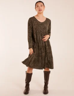Deals Sleek Dresses Store 15 Tiered Leopard Roll Sleeve Smock Dress