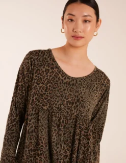 Tiered Leopard Roll Sleeve Smock Dress -Deals Sleek Dresses Store S20737 KHAKI 4