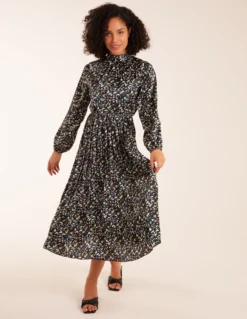 Abstract Animal Print High Neck Blouson Midi Dress