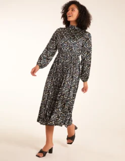 Abstract Animal Print High Neck Blouson Midi Dress -Deals Sleek Dresses Store bv222870 teal9431