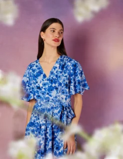 Wrap Front Tier Hem Angel Sleeve Dress