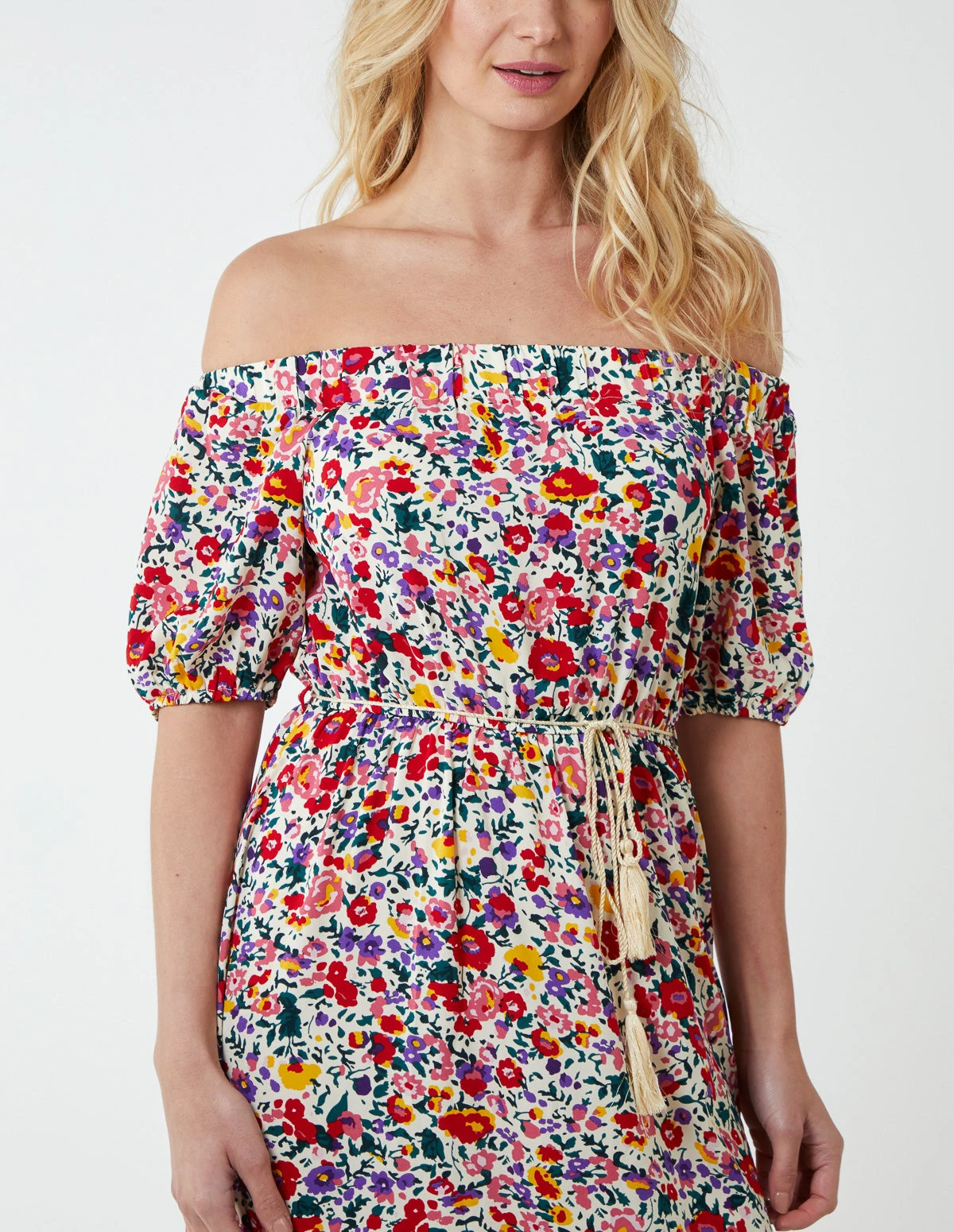 Bardot Midi Dress With Frill Hem 2 Bardot Midi Dress With Frill Hem - Image 2