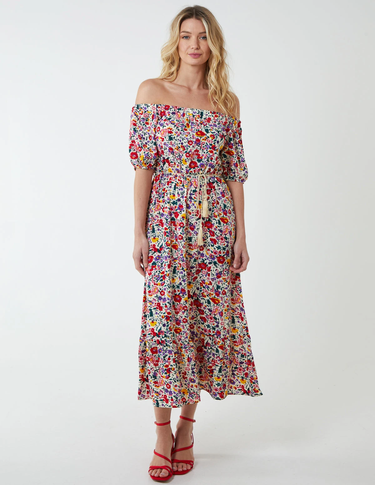Bardot Midi Dress With Frill Hem 3 Bardot Midi Dress With Frill Hem - Image 3