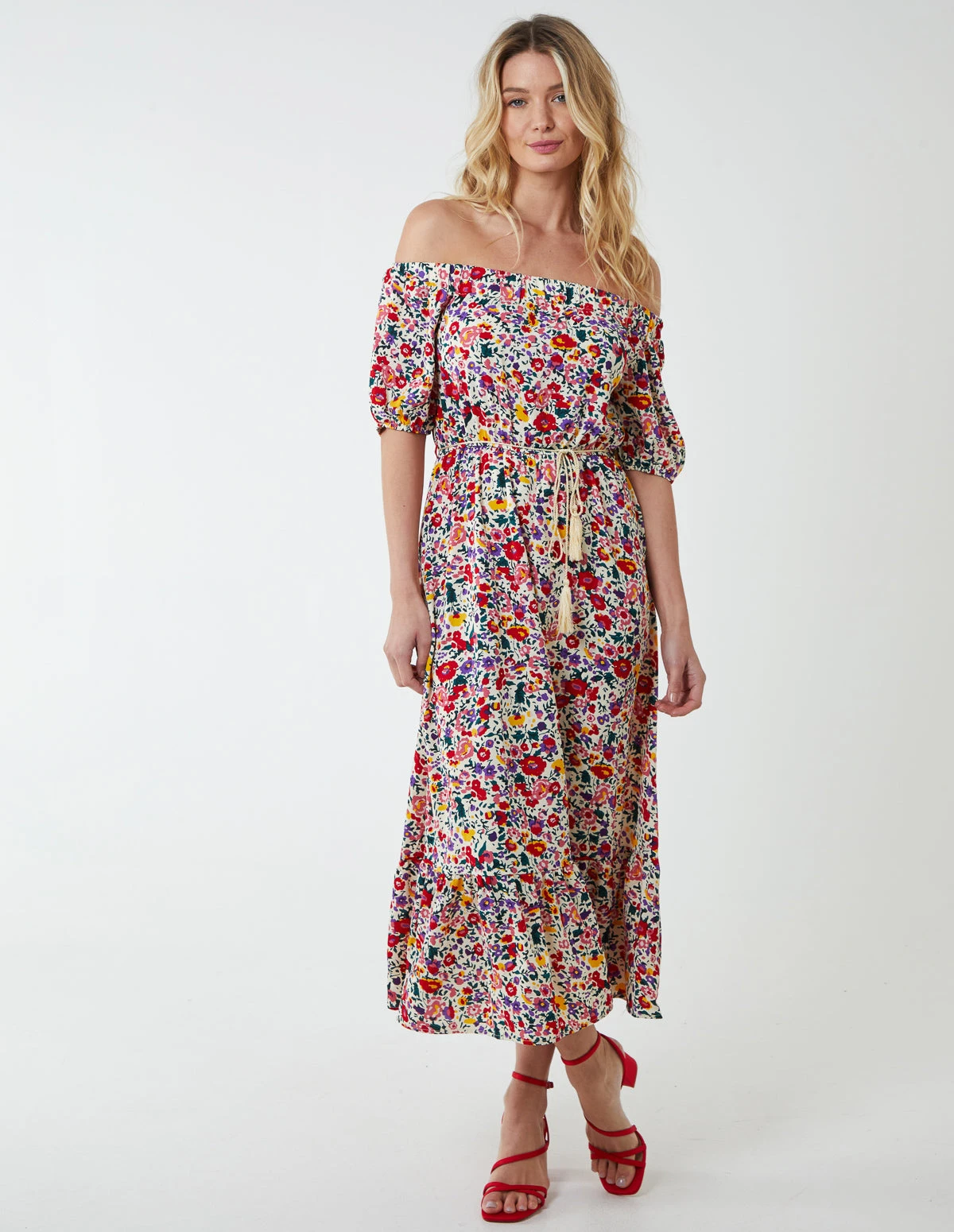 Bardot Midi Dress With Frill Hem 1 Bardot Midi Dress With Frill Hem