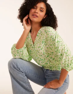 Elasticated Sleeve Wrap Front Elastic Hem Top 8 Elasticated Sleeve Wrap Front Elastic Hem Top -Deals Sleek Dresses Store bv23434 green10037