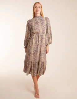 High Neck Pleated Sleeve Reptile Midi Dress