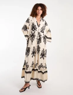 V Front Smock Maxi Dress -Deals Sleek Dresses Store bv245949 beige 34525