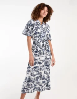 Porcelain Printed Belted Shirt Dress -Deals Sleek Dresses Store bv245950 navy 34654