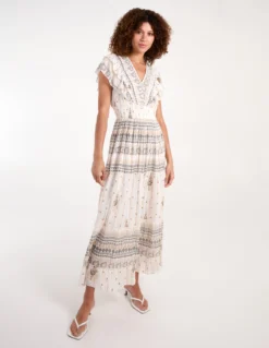 Cream Metallic Fibre Frill V Maxi Dress 6 Cream Metallic Fibre Frill V Maxi Dress -Deals Sleek Dresses Store bv245971 white 34789
