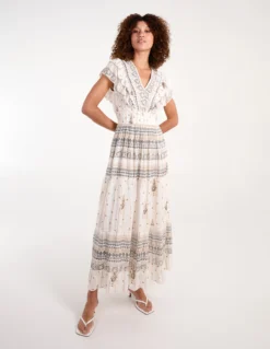 Cream Metallic Fibre Frill V Maxi Dress