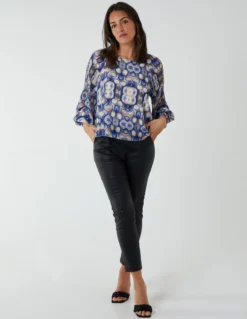 Pleated Sleeve Aztec Swirl Georgette Top -Deals Sleek Dresses Store bv2579 blue 1329