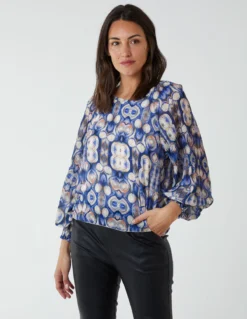 Pleated Sleeve Aztec Swirl Georgette Top