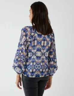 Pleated Sleeve Aztec Swirl Georgette Top -Deals Sleek Dresses Store bv2579 blue 1360