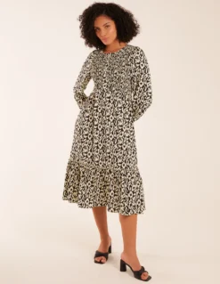 Animal Print Shirred Long Sleeve Midi Dress