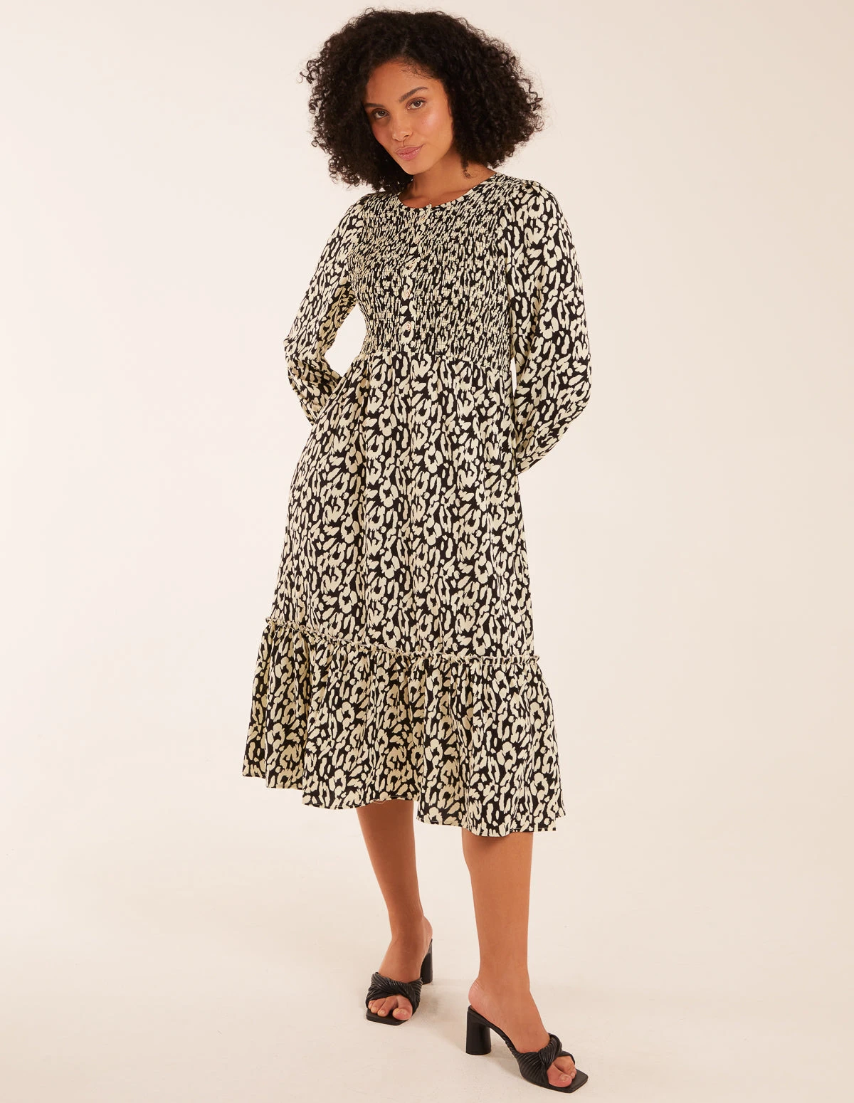 Animal Print Shirred Long Sleeve Midi Dress 1 Animal Print Shirred Long Sleeve Midi Dress