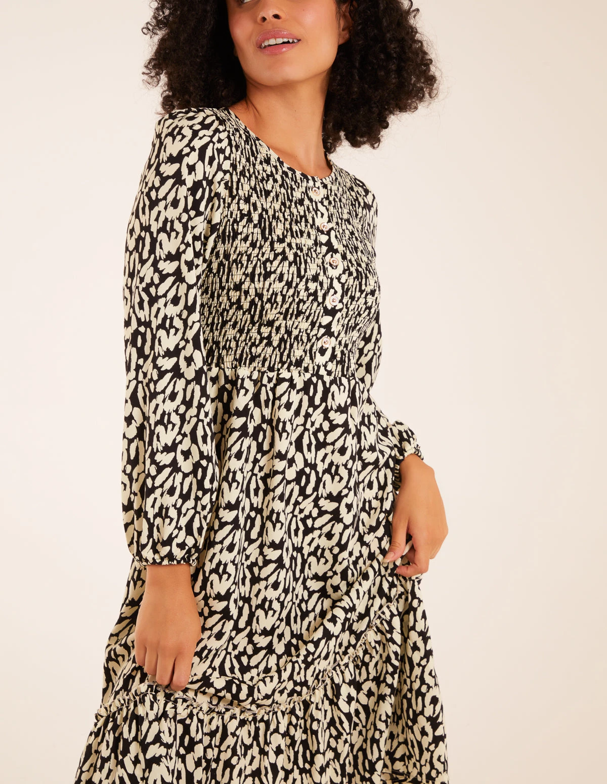 Animal Print Shirred Long Sleeve Midi Dress 3 Animal Print Shirred Long Sleeve Midi Dress - Image 3