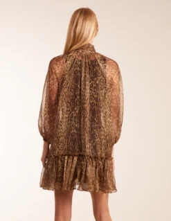 Leopard Print Pussy Bow Frill Shirt Dress -Deals Sleek Dresses Store bv2959 brown66347