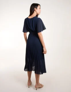 Pleated Wrap Over Belted Dress -Deals Sleek Dresses Store bv3660 navy 7728