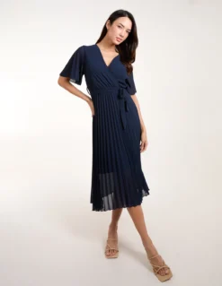 Pleated Wrap Over Belted Dress -Deals Sleek Dresses Store bv3660 navy 7739