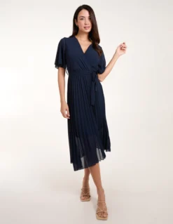 Pleated Wrap Over Belted Dress
